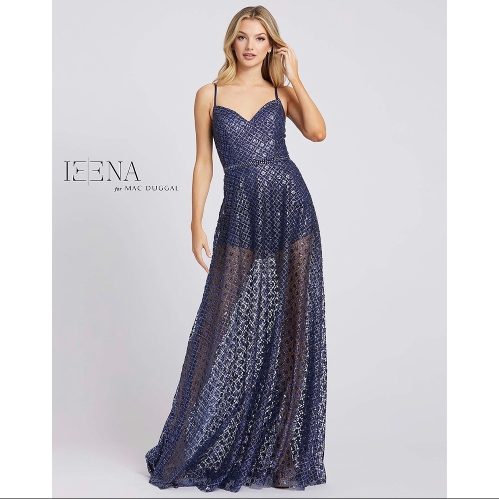 Ieena for Mac Duggal Sheer Skirt‎ Sequin Navy Blue Dress Gown 49014i Size 6